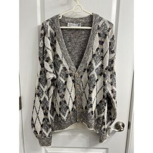 Vintage Cardigan JJ Cochran Sweater Retro Gray Cream Beige L Geometric